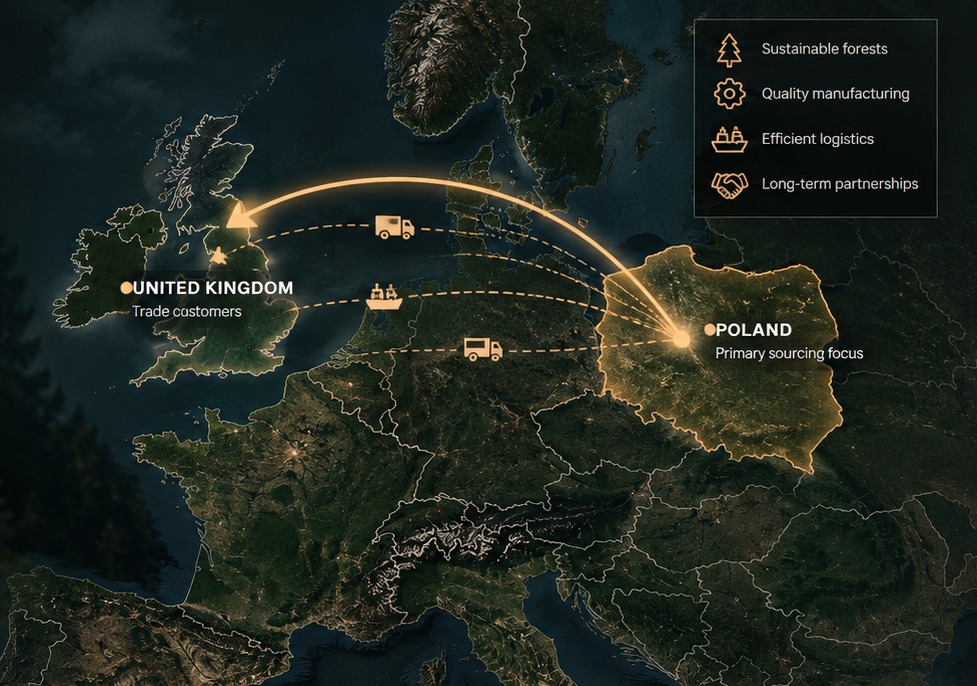 European timber sourcing network supplying United Kingdom trade customers